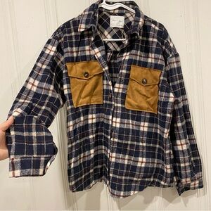 Plaid flannel Cardigan with Brown Pockets
